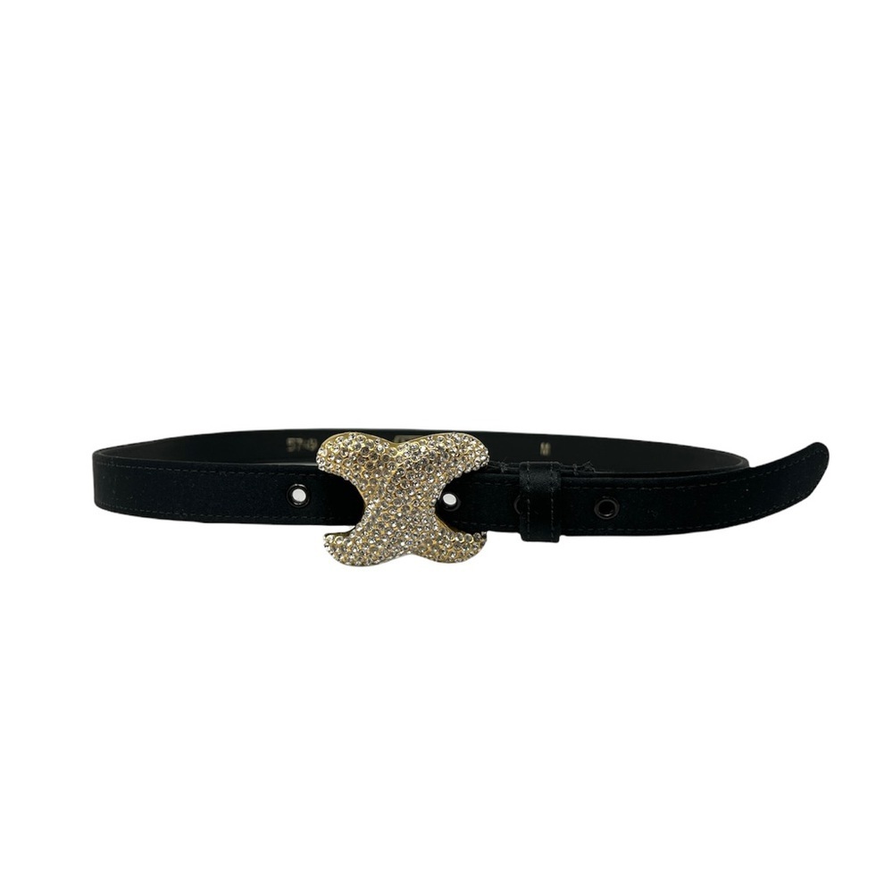 Vintage WCM New York Black Satin Skinny Belt Bling Crystal Encrusted Belt Buckle